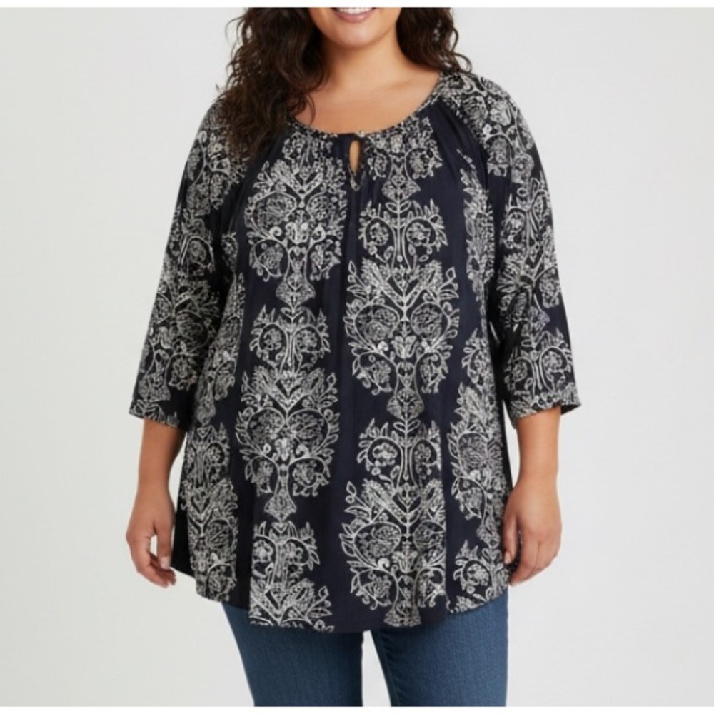 LUCKY BRAND Black Tribal Print FLOWY KNIT BLOUSE TOP Keyhole Neck Peasant 2X